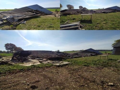 rozbiórka stodoły, zawalona stodoła, Piotrowice