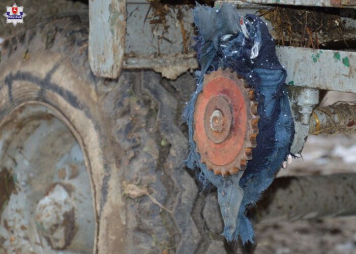 Rozrzutnik wciągał mężczyznę, rozrzutnik, rozładunek drewna, Stara Dąbia, lubelszczyzna