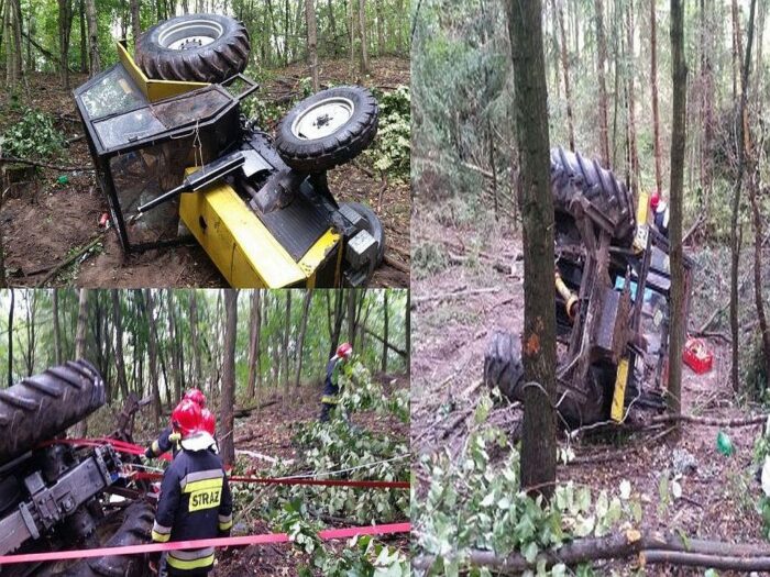 Zderzenie pojazdów było tak silne, że traktor rozpadł się na dwie części, a auto osobowe wpadło do rowu