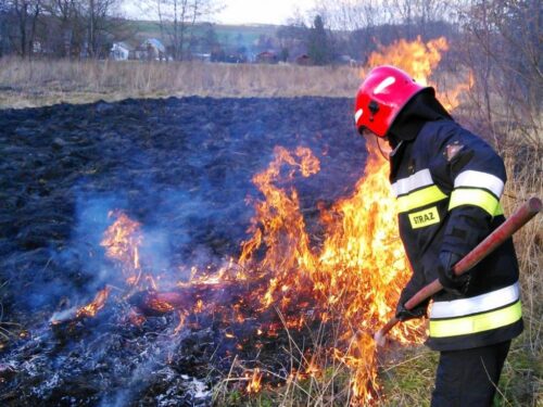 pożar trawy, Łękawica, powiat wadowicki, wypalanie traw i nieużytków