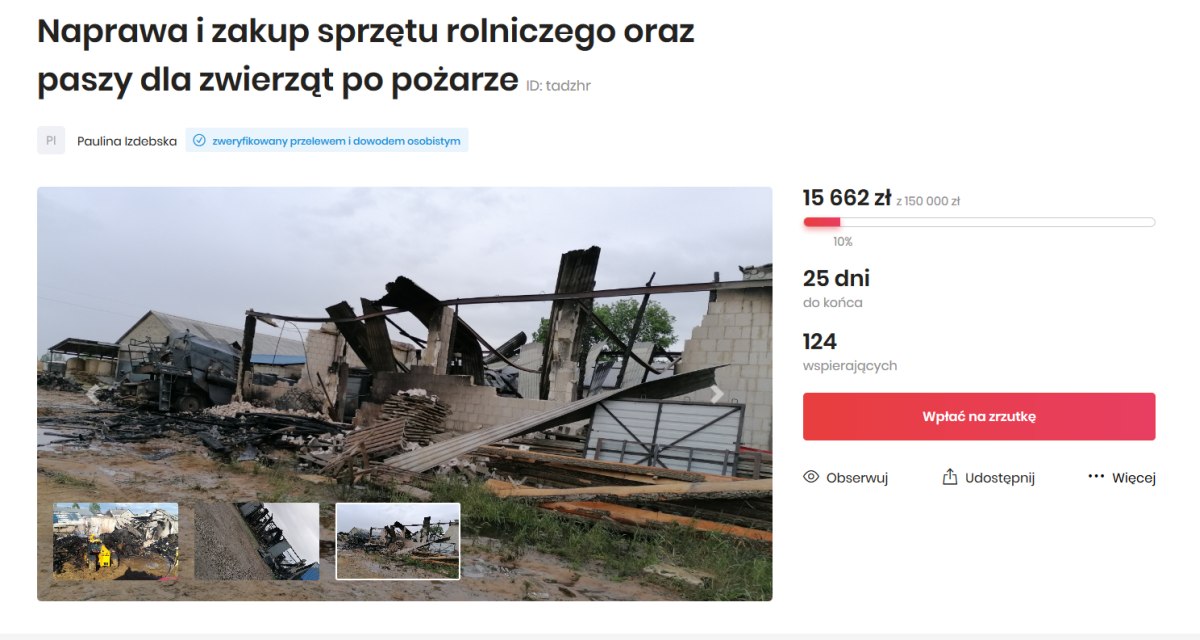 pożar we wsi modrzew, zrzutka, pożar, mazowieckie