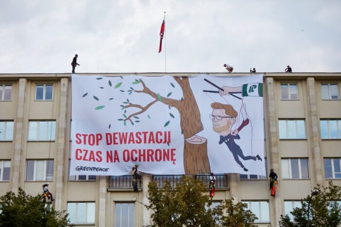 baner na gmachu ministerstwa środowiska, lasy, greenpeace, protest