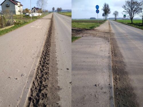 błoto na drodze, zanieczyszczone drogi, Powiatowy Zarząd Dróg w Ciechanowie, Pokojewo, Kąty