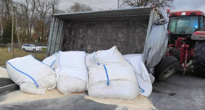 wywrócona przyczepa rolnicza, Strzelno, droga krajowa nr 15, śruta
