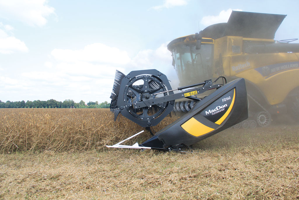 Taśmowy zespół żniwny MacDon FD140, zbiór grochu, RPT, Rolniczy Przegląd Techniczny