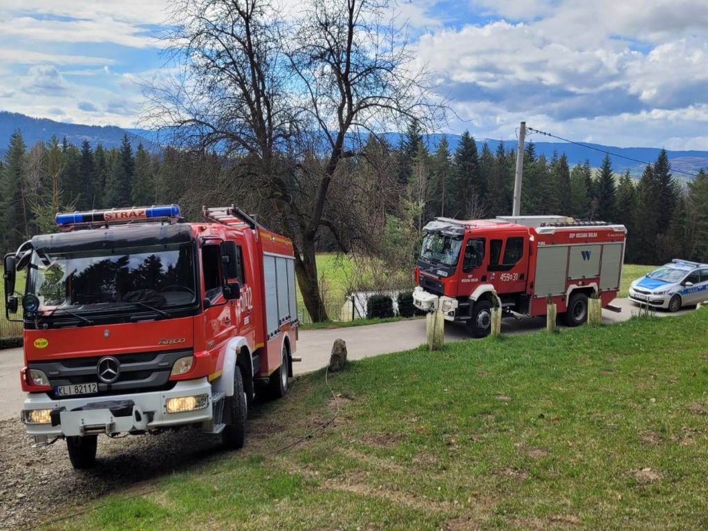mszana dolna, prace leśne, wypadek w lesie, wycinka drzew