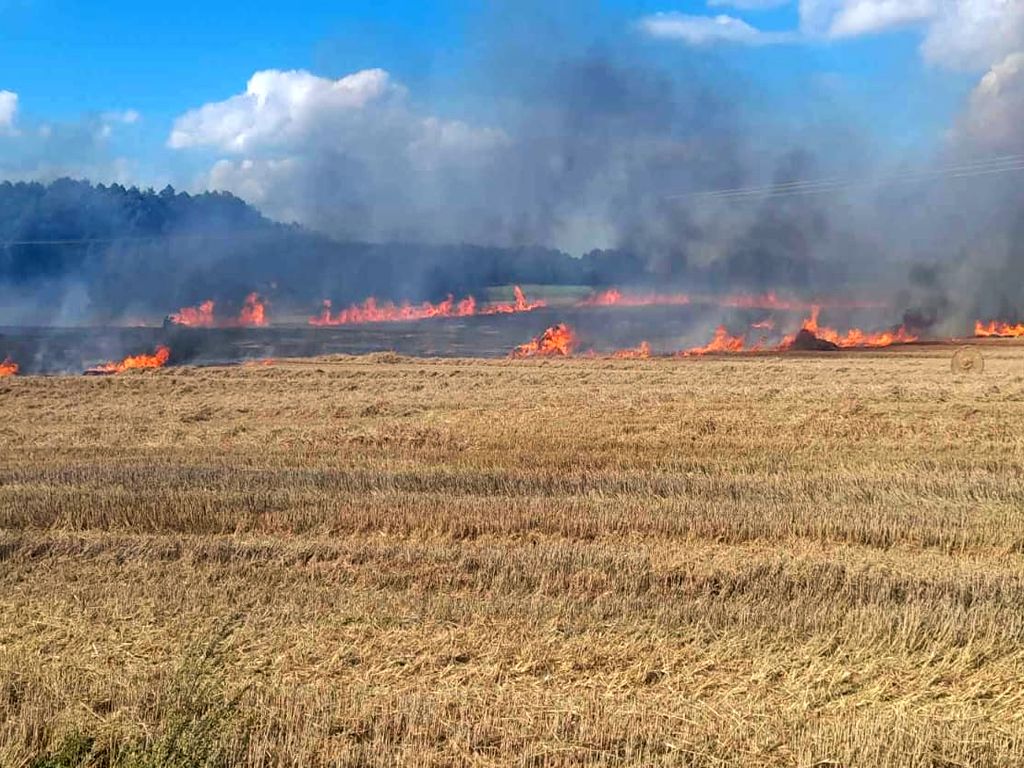 kp psp braniewo, pożar, ogień, prasa rolnicza, ściernisko, zboże