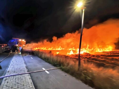 kp psp wieluń pożar, kombajn, zboże na pniu, ściernisko, słoma, akcja gaśnicza
