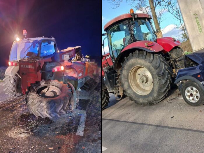 kpp olecko, psp łuków, wypadek, zdarzenie drogowe, samochód, ciągnik, ładowarka, poszkodowani