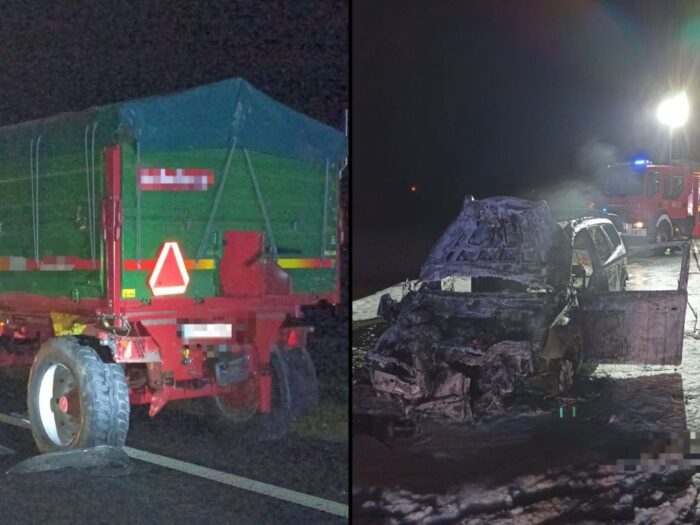 kp psp łęczyca, kpp łęczyca, wypadek, zderzenie drogowe, zderzenie, auto, ciągnik, przyczepa, pożar