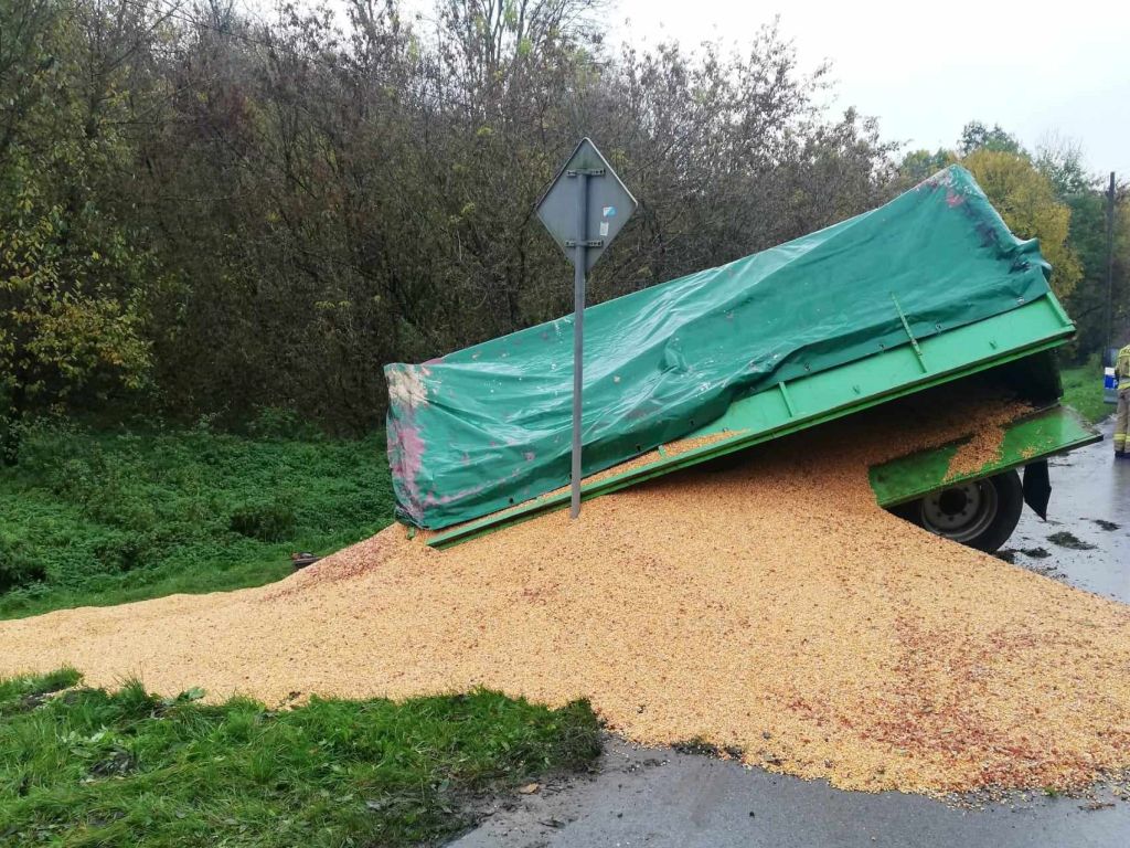 km psp zamość, wypadek, zdarzenie drogowe, ciągnik, przyczepa, kukurydza, wywrócony ciągnik