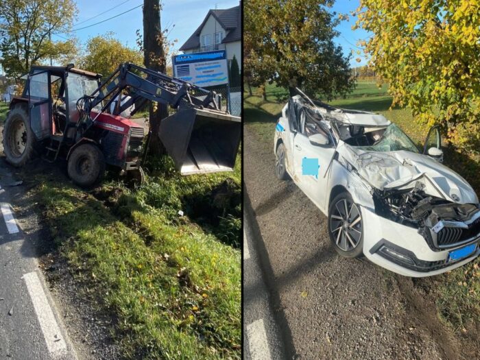 kpp przasnysz, kp psp przasnysz, kolizja, zdarzenie drogowe, zderzenie, ciągnik, osobówka, auto, pijany traktorzysta