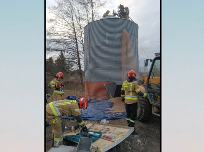 akcja ratunkowa, mężczyzna, przysypany, zboże, silos