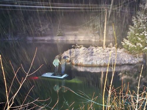 kpp puławy, zdarzenie drogowe, staw wiejski, auto w stawie