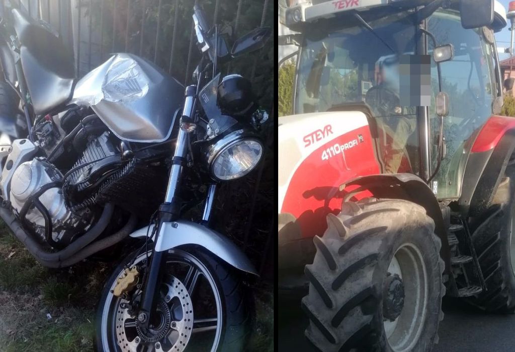 zderzenie, ciągnik, motocykl, ranny motocyklista