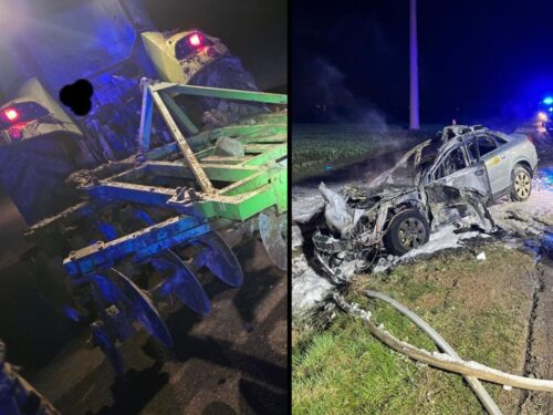 zderzenie, ciągnik, auto, pożar auta