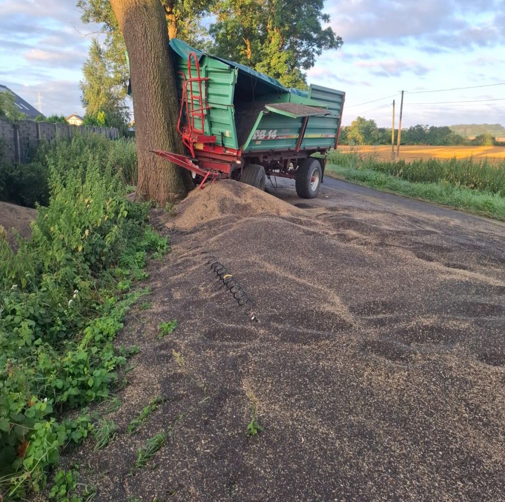 zdarzenie drogowe, zderzenie z drzewem, przyczepa, ciągnik, rzepak