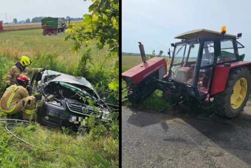 wypadek, zderzenie, auto, ciągnik