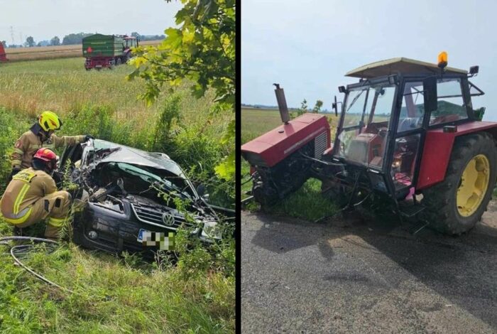 wypadek, zderzenie, auto, ciągnik
