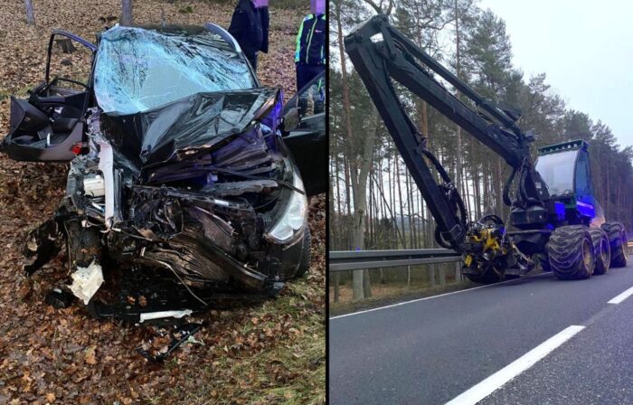 zderzenie, auto, kombajn leśny, harwester
