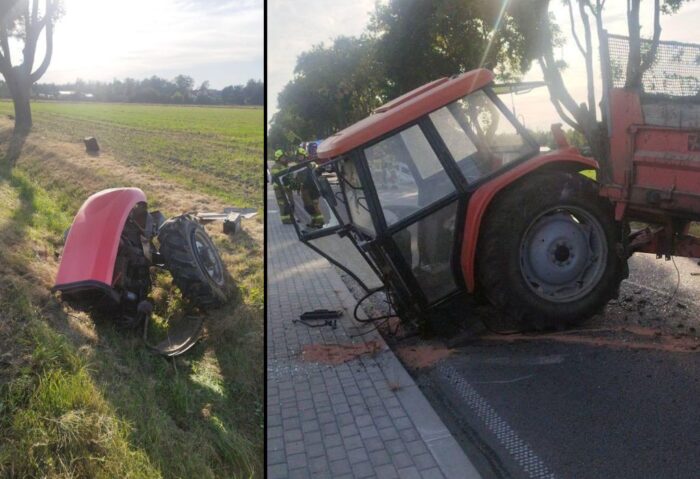 zderzenie, ciągnik, auto, ranni