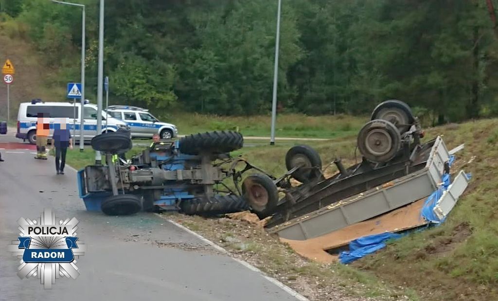 zdarzenie drogowe, wypadek, wywrócony ciągnik, śmierć mężczyzny