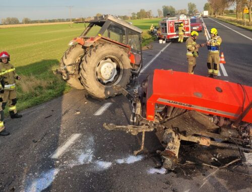 zderzenie, ciągnik, auto, ranny kierowca
